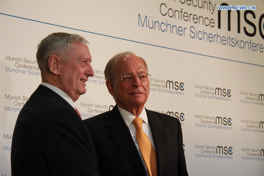 Wolfgang Ischinger (R), Chairman of the Munich Security Conference (MSC), welcomes James Mattis, U.S. Secretary of Defence during the 53rd MSC in Munich, Germany, on Feb. 17, 2017. 