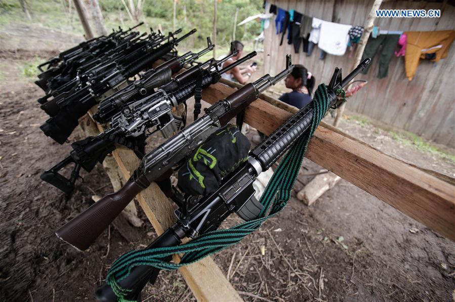 Weapons of members of the Armed Revolutionary Forces of Colombia (FARC) are seen in a transition zone in Icononzo, Tolima department, Colombia, on March 1, 2017. 