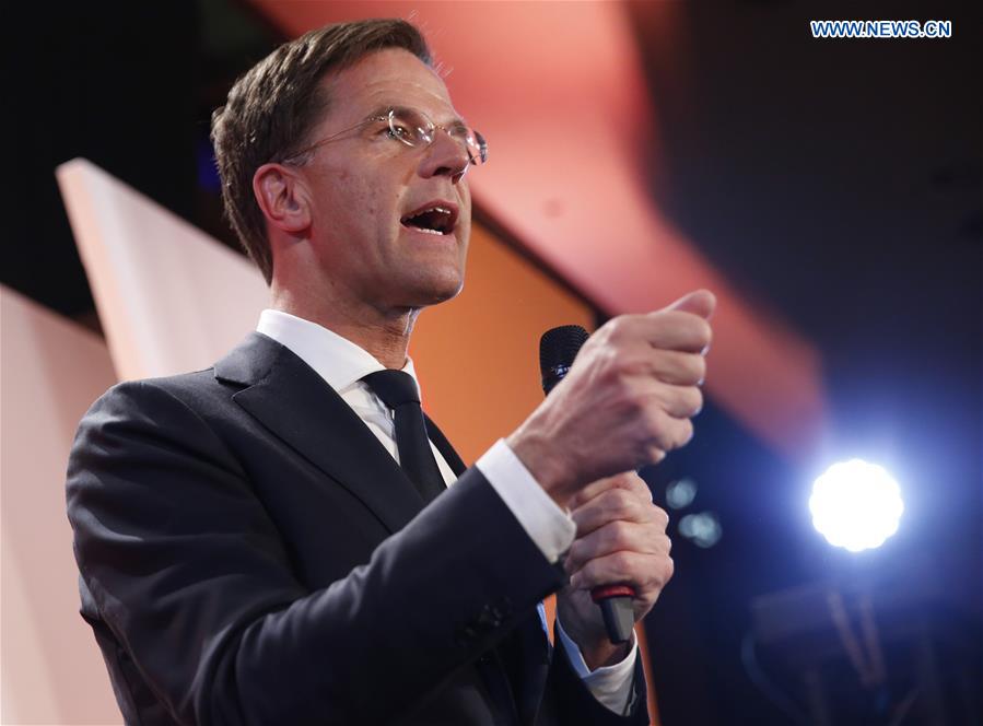 Dutch Prime Minister and People's Party for Freedom and Democracy VVD leader Mark Rutte speaks during election night for his liberal rightist party VVD in The Hague, the Netherlands, on March 15, 2017. 