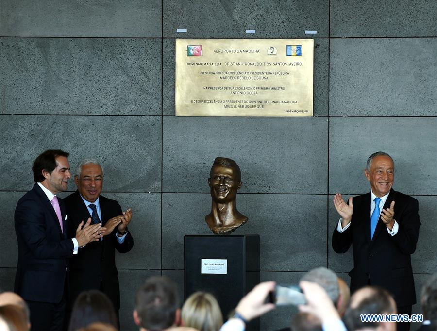 (R-L) Portuguese President Marcelo Rebelo de Sousa, Prime Minister Antonio Costa and President of Madeira Autonomous Region Miguel Albuquerque attend an airport renaming ceremony in Funchal March 29, 2017. Portugal on Wednesday renamed Madeira airport as Cristiano Ronaldo airport in honor of the captain of the Portuguese national football team. Funchal on Madeira Islands is the hometown of Cristiano Ronaldo. (Xinhua/Zhang Liyun) 