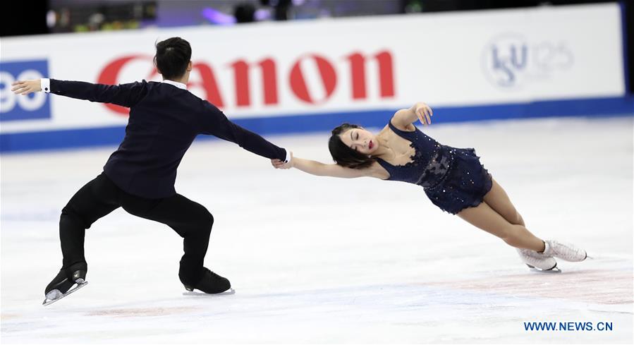 China's Sui Wenjing (R) and Han Cong perform during the pairs short program of the ISU World Figure Skating Championships 2017 in Helsinki, Finland, on March 29, 2017. Sui and Han took the first place of the short program with 81.23 points. (Xinhua/Liu Lihang)