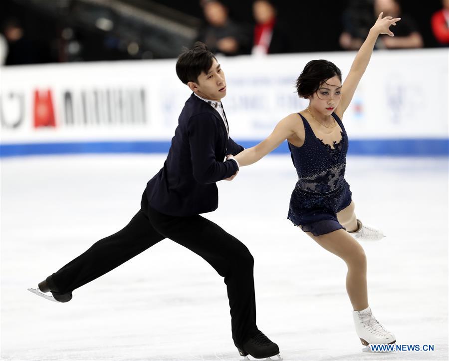China's Sui Wenjing (R) and Han Cong perform during the pairs short program of the ISU World Figure Skating Championships 2017 in Helsinki, Finland, on March 29, 2017. Sui and Han took the first place of the short program with 81.23 points. (Xinhua/Liu Lihang)