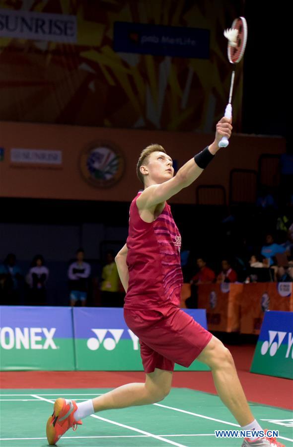 Viktor Axelsen of Denmark competes during the 2nd round of men's single against Kidambi Srikanth of India in Yonex Sunrise Indian Open Badminton Championship in New Delhi, India, March 30, 2017. Viktor Axelsen won 2-0. (Xinhua/Bi Xiaoyang) 