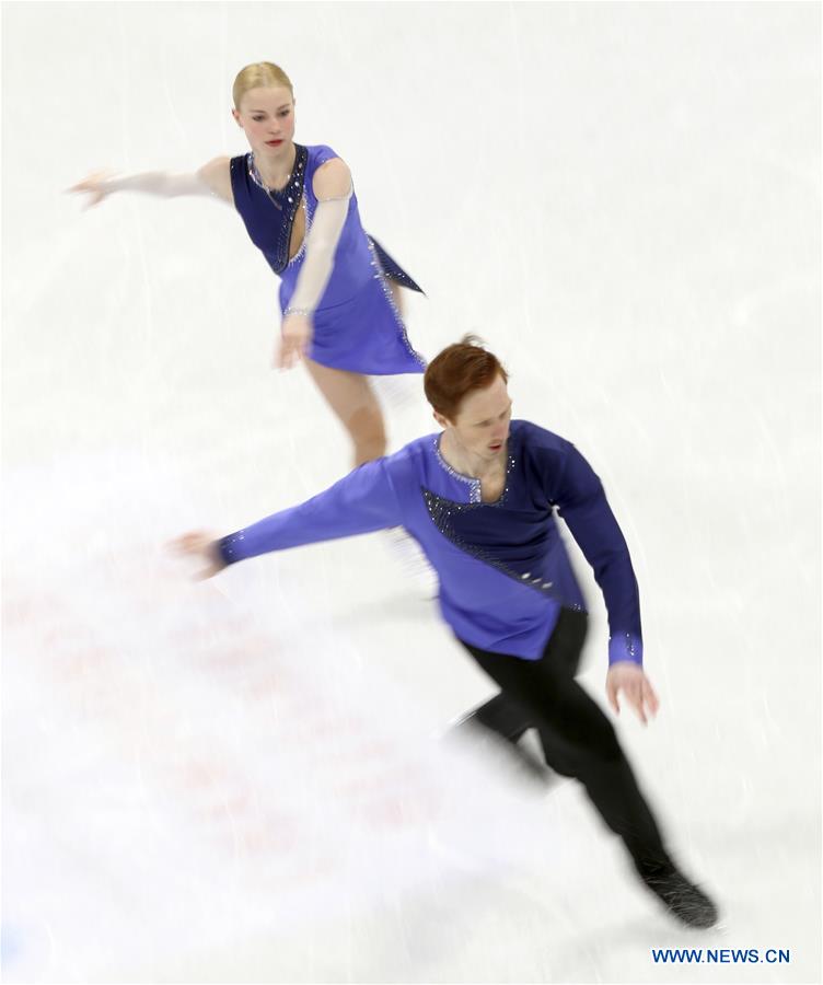 Evgenia Tarasova (L) and Vladimir Morozov of Russia perform during Pair Free Skating at ISU World Figure Skating Championships 2017 in Helsinki, Finland on March 30, 2017. Tarasova and Morozov took the third place with 219.03 points in total. (Xinhua/Liu Lihang)
