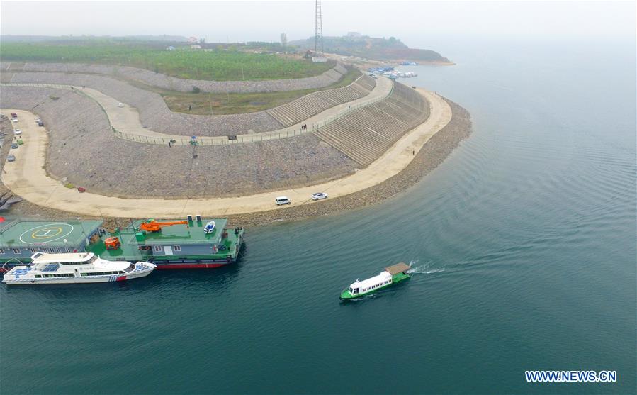 Aerial photo taken on April 3, 2017 shows the wetland of Danjiang River, which is a major part of China's south-to-north water diversion project, in Xichuan County of central China's Henan Province. 