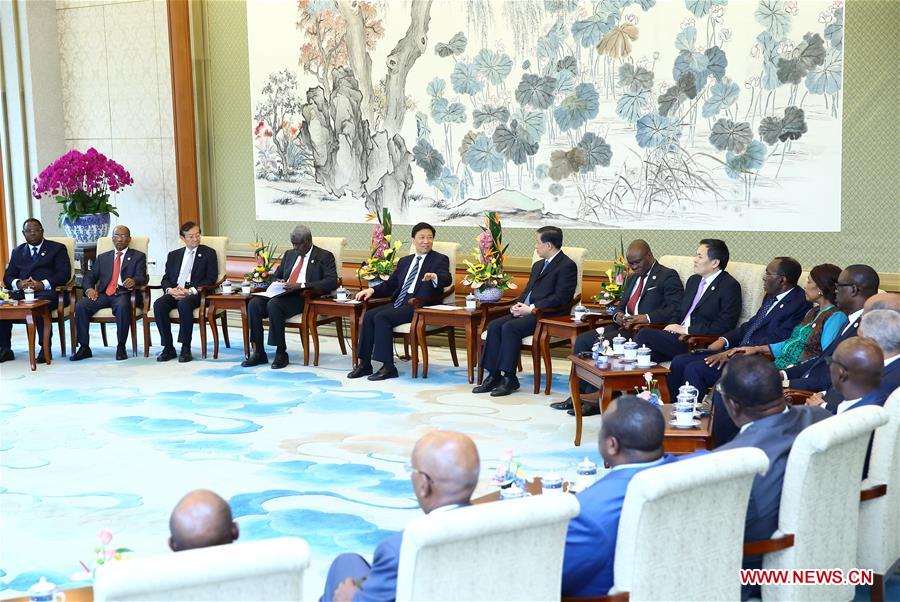 Chinese Vice President Li Yuanchao (5th L back) meets with heads of delegations from Africa attending a Sino-African coordinators' meeting on the implementation of actions resulting from the Forum on China-Africa Cooperation (FOCAC) held in Johannesburg of South Africa in Beijing, capital of China, July 28, 2016.