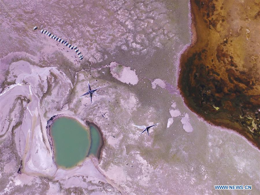 An aerial photo taken on Aug. 19, 2016 shows the area of the source of Lancang River in Yushu, northwest China's Qinghai Province.