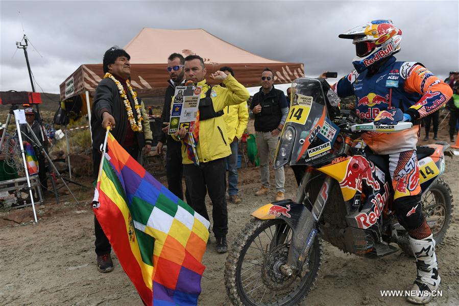 A competitor of the 2017 Dakar Rally departs from Orinoca, Bolivia, on Jan. 9, 2017