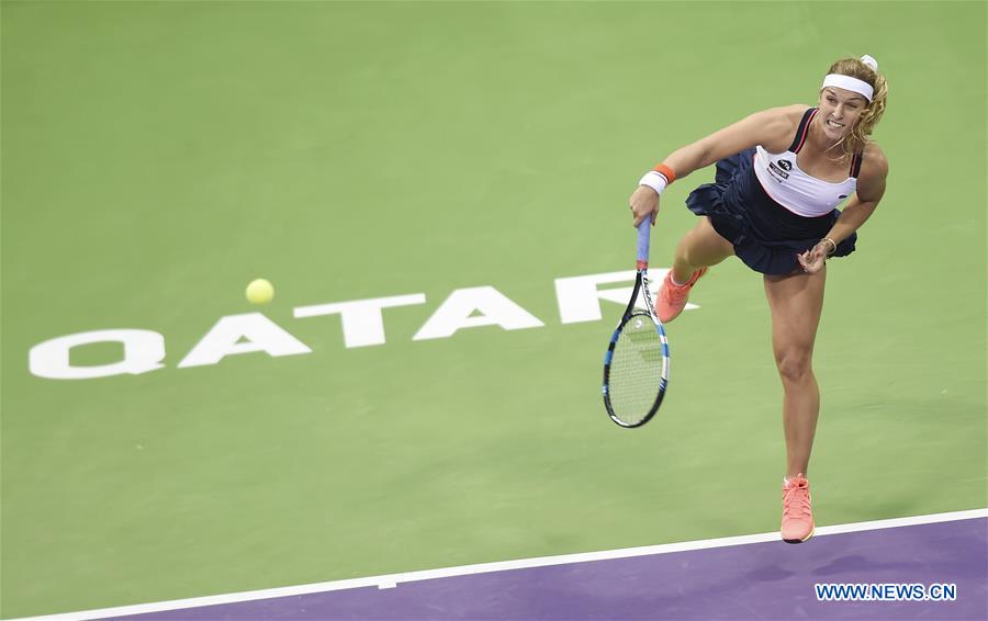 Dominika Cibulkova of Slovakia serves during the women's singles quarterfinal against Samantha Stosur of Australia at WTA Qatar Open 2017 at the International Khalifa Tennis Complex of Doha, Qatar, Feb. 16, 2017. Dominika Cibulkova won 2-0. (Xinhua/Nikku)