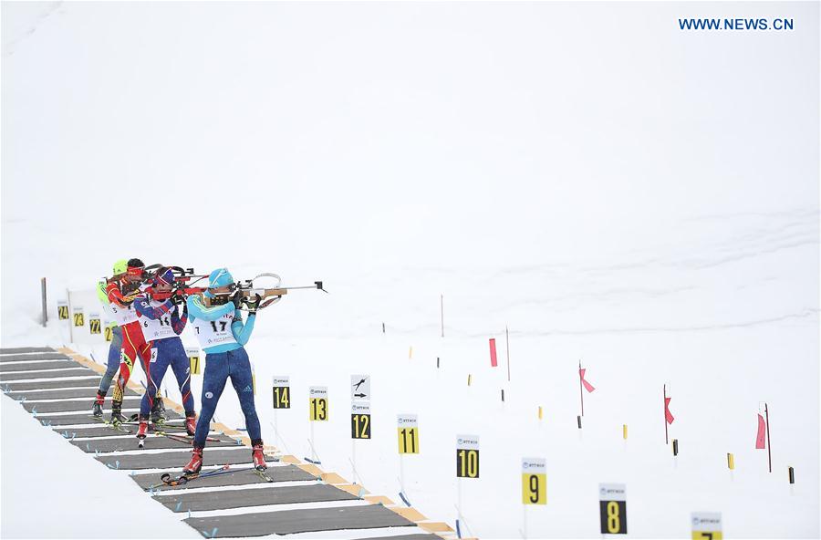 Yan Savitskiy (front) of Kazakhstan competes during the men's 10km sprint of Biathlon at the 2017 Sapporo Asian Winter Games in Sapporo, Japan, Feb. 23, 2017. 