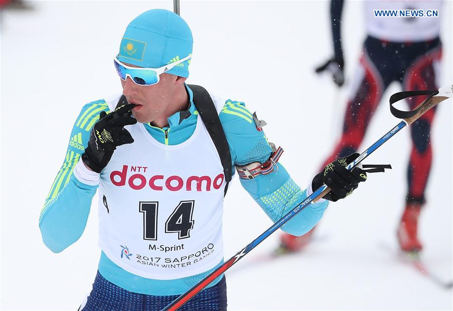 Vassiliy Podkorytov of Kazakhstan competes during the men's 10km sprint of Biathlon at the 2017 Sapporo Asian Winter Games in Sapporo, Japan, Feb. 23, 2017. 