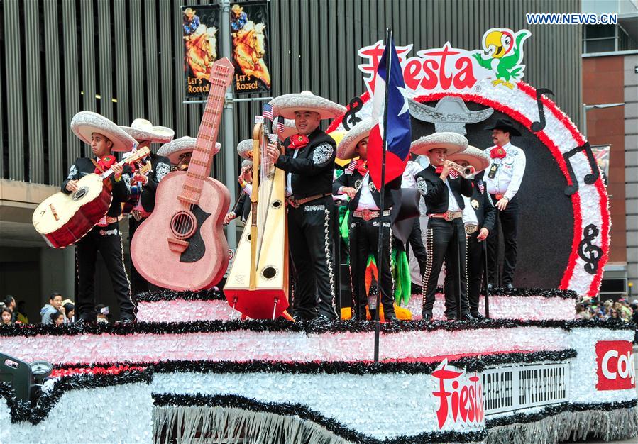 A Mexican band perform during the Houston Rodeo Parade in Houston, the United States, March 4, 2017.