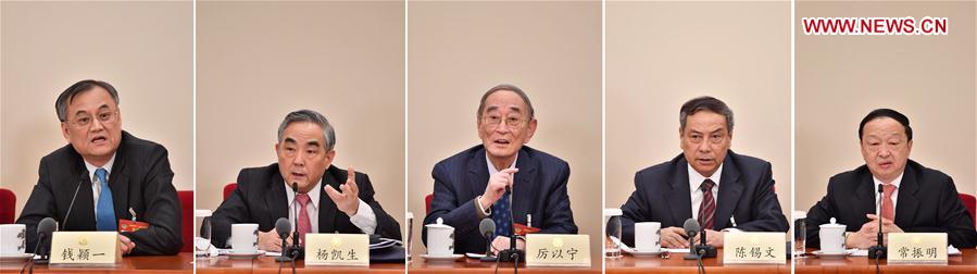 Combined photo shows Li Yining (C), Chen Xiwen (2nd R), Yang Kaisheng (2nd L), Chang Zhenming (R) and Qian Yingyi, members of the 12th National Committee of the Chinese People's Political Consultative Conference (CPPCC), attending a press conference for the fifth session of the 12th CPPCC National Committee on promoting stable and healthy economic growth at the Great Hall of the People in Beijing, capital of China, March 6, 2017. (Xinhua/Li Xin)