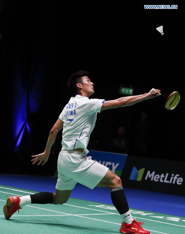 Chen Long of China returns the shuttlecock during the men's singles first round match with Marc Zwiebler of Germany at All England Open Badminton Tournament 2017 in Birmingham, Britain on March 8, 2017. 