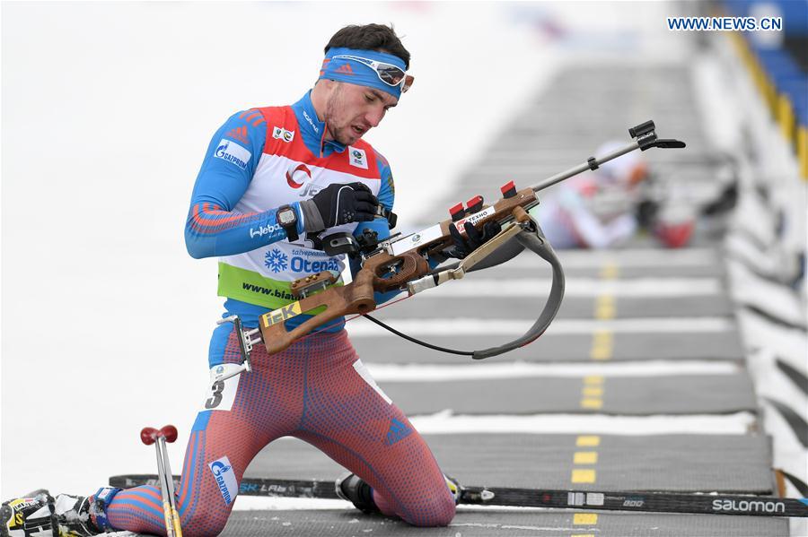 Alexandr Loginov of Russia competes during the Men's 10km sprint race of IBU Cup 2016/2017 in Otepaa, Estonia, March 11, 2017. 