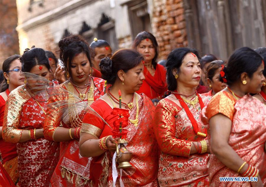 Nepalese women participate in the celebration of the Nala Machhendranath festival in Kavre, on the outskirts of Kathmandu, Nepal, on March 15, 2017. (Xinhua/Sunil Sharma)