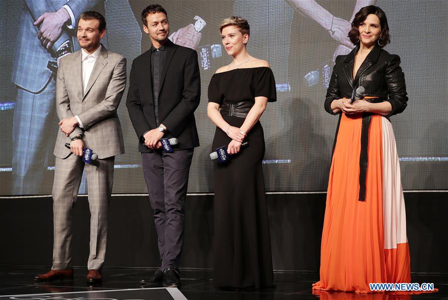 Actor Pilou Asbaek, director Rupert Sanders, actress Scarlett Johansson and actress Juliette Binoche (L to R) attend a red carpet for the film 'Ghost in the Shell' promotion tour in Seoul, South Korea, on March 17, 2017. (Xinhua/Lee Sang-ho) 