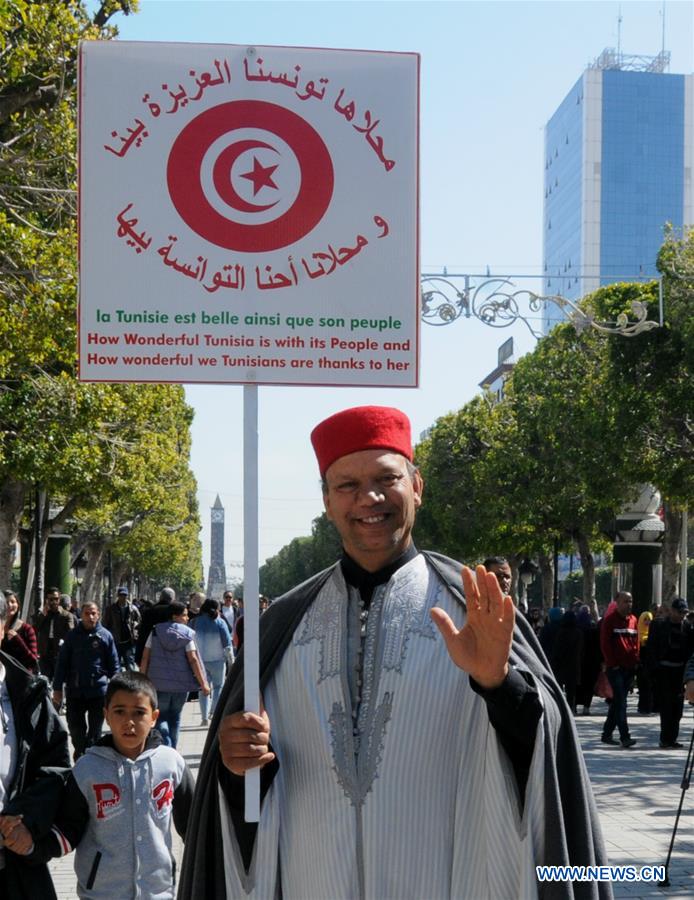 A man in traditional costume celebrates the 61st anniversary of Independence Day in Tunis, Tunisia, March 20, 2017. (Xinhua/Adel Ezzine) 