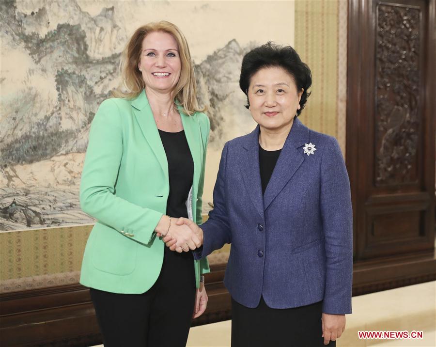 Chinese Vice Premier Liu Yandong (R) meets with Helle Thorning-Schmidt, chief executive of Save the Children International and former Danish prime minister, in Beijing, capital of China, March 24, 2017. (Xinhua/Ding Lin)  