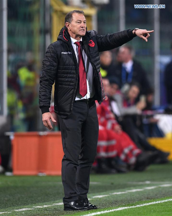 Albania's coach Giovanni De Biasi reacts during the FIFA 2018 World Cup Qualifying soccer match between Italy and Albania in Palermo, Italy, on March 24, 2017. 