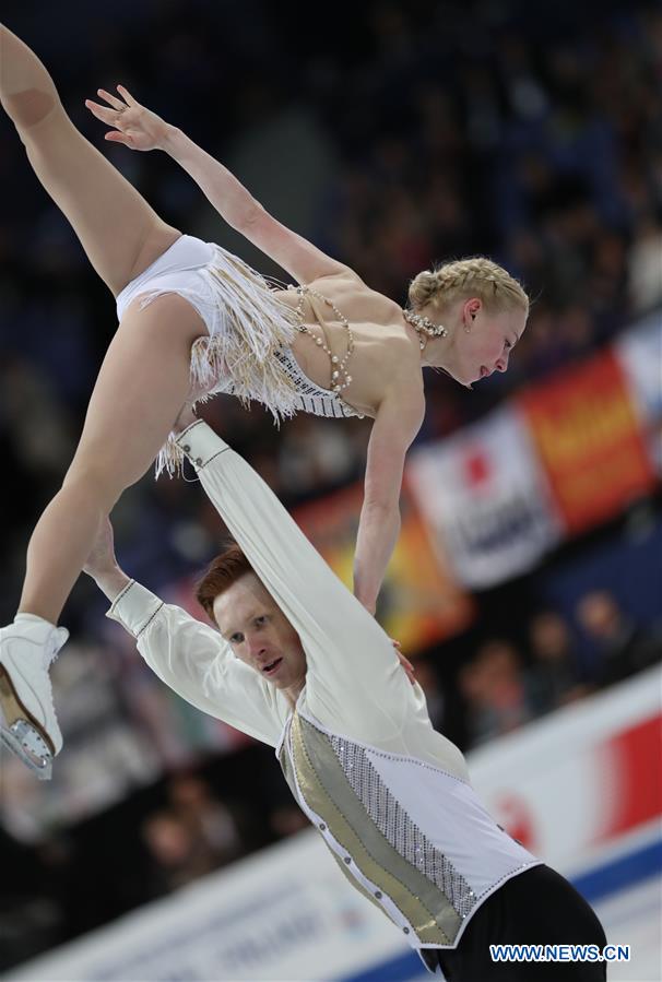 Russia's Evgenia Tarasova (Top) and Vladimir Morozov perform during the pairs short program of the ISU World Figure Skating Championships 2017 in Helsinki, Finland, on March 29, 2017. Tarasova and Morozov took the thrid place of the short program with 79.37 points. (Xinhua/Liu Lihang)