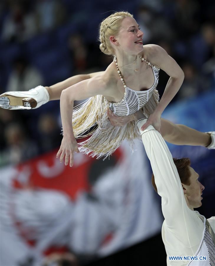 Russia's Evgenia Tarasova (Top) and Vladimir Morozov perform during the pairs short program of the ISU World Figure Skating Championships 2017 in Helsinki, Finland, on March 29, 2017. Tarasova and Morozov took the thrid place of the short program with 79.37 points. (Xinhua/Liu Lihang)