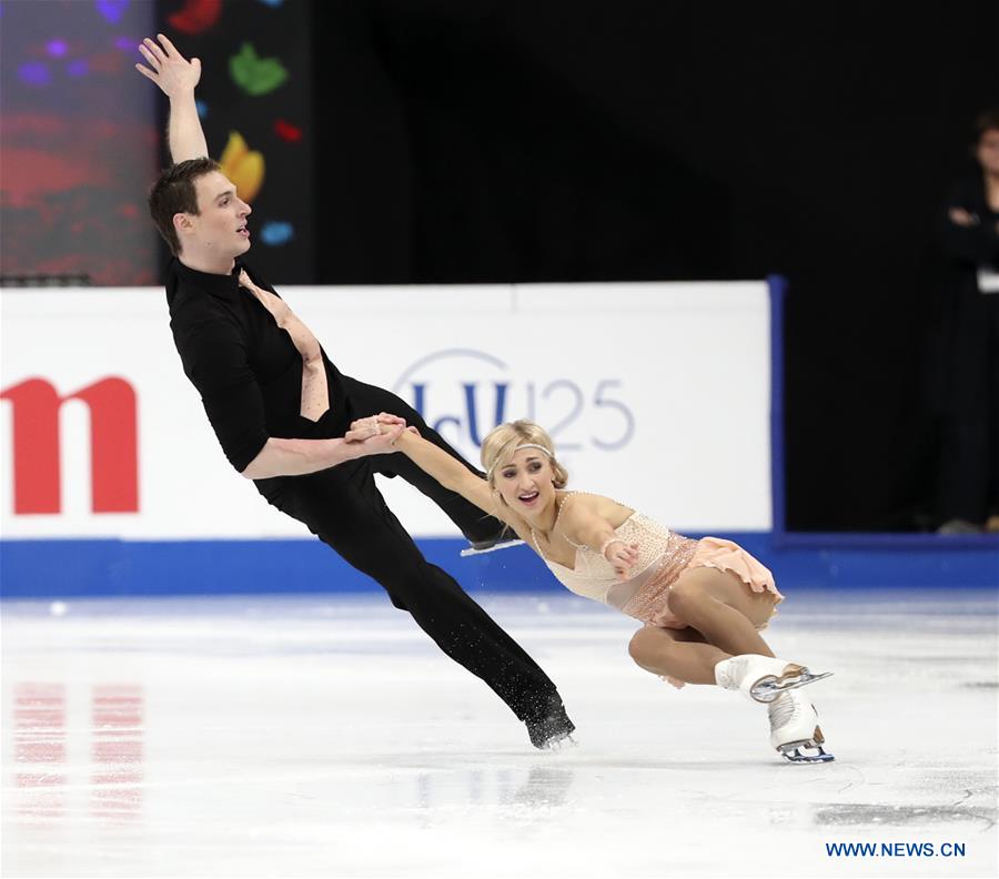 Germany's Aliona Savchenko (R) and Bruno Massot perform during the pairs short program of the ISU World Figure Skating Championships 2017 in Helsinki, Finland, on March 29, 2017. Savchenko and Massot took the second place of the short program with 79.84 points. (Xinhua/Liu Lihang)