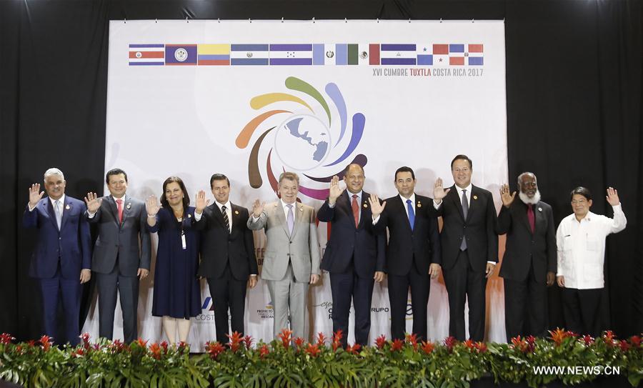 Delegates pose for photos at the 16th Tuxtla Summit of Central American and Latin American leaders, in San Jose, Costa Rica, March 29, 2017. (Xinhua/Kent Gilbert) 