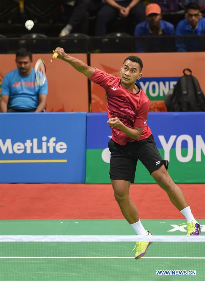Tommy Sugiarto of Indonesia competes during the 2nd round of men's single against Huang Yuxiang of China in Yonex Sunrise Indian Open Badminton Championship in New Delhi, India, March 30, 2017. Tommy Sugiarto won 2-1.