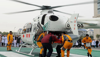 Helicopter medical emergency drill held in north China