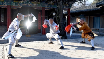 Monks practice martial arts at Shaolin Temple in central China's Henan