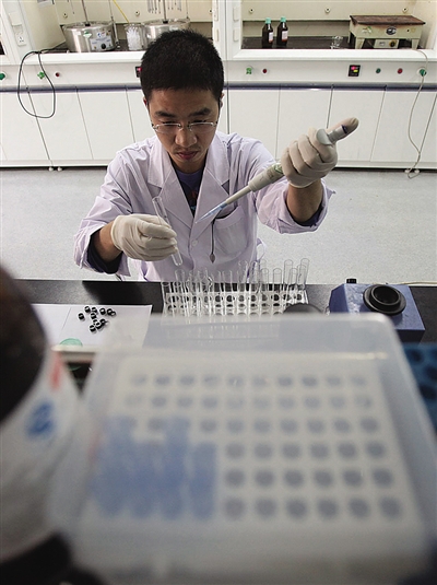 去年9月14日，北京市食品安全監控中心實驗室，工作人員正在檢測泔水油。