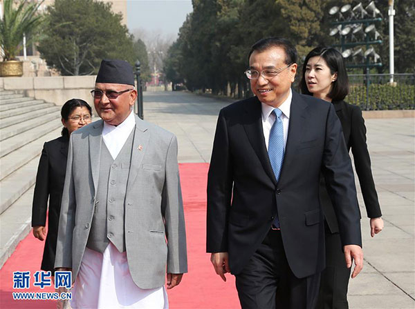  3月21日，國務院總理李克強在北京人民大會堂同來華進行正式訪問並將出席博鰲亞洲論壇2016年年會的尼泊爾總理奧利舉行會談。 新華社記者龐興雷 攝