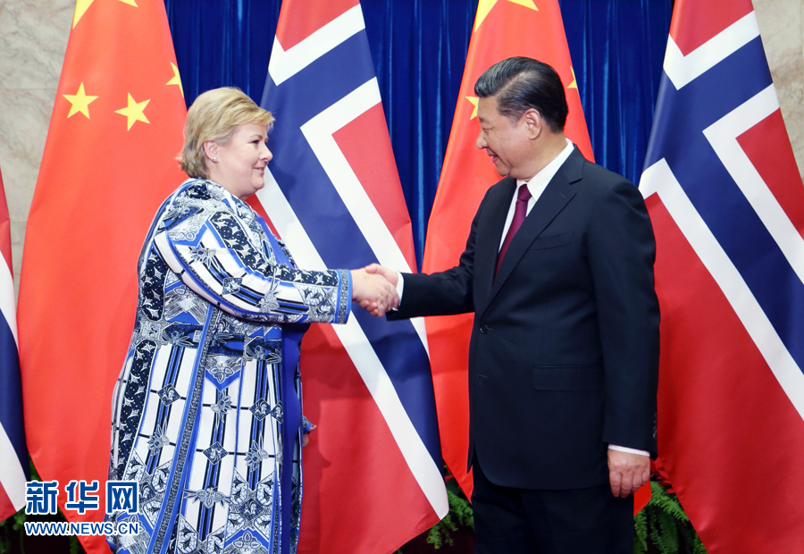 4月10日，國家主席習近平在北京人民大會堂會見挪威首相索爾貝格。新華社記者姚大偉攝
