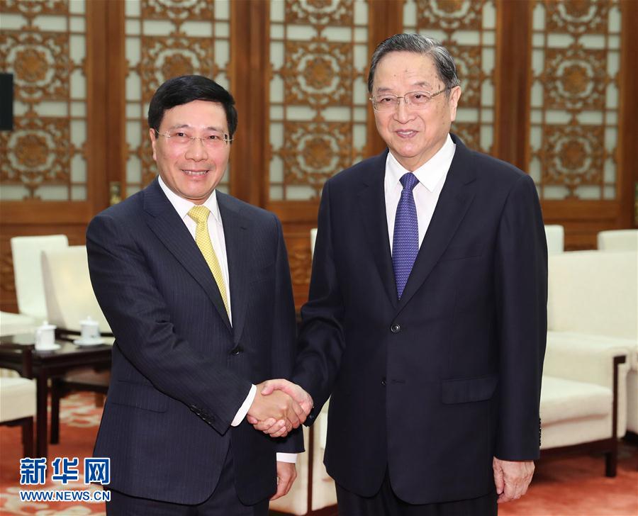 4月17日，全國政協主席俞正聲會見來京出席中越雙邊合作指導委員會第十次會議的越南副總理兼外長范平明。 新華社記者馬佔成攝