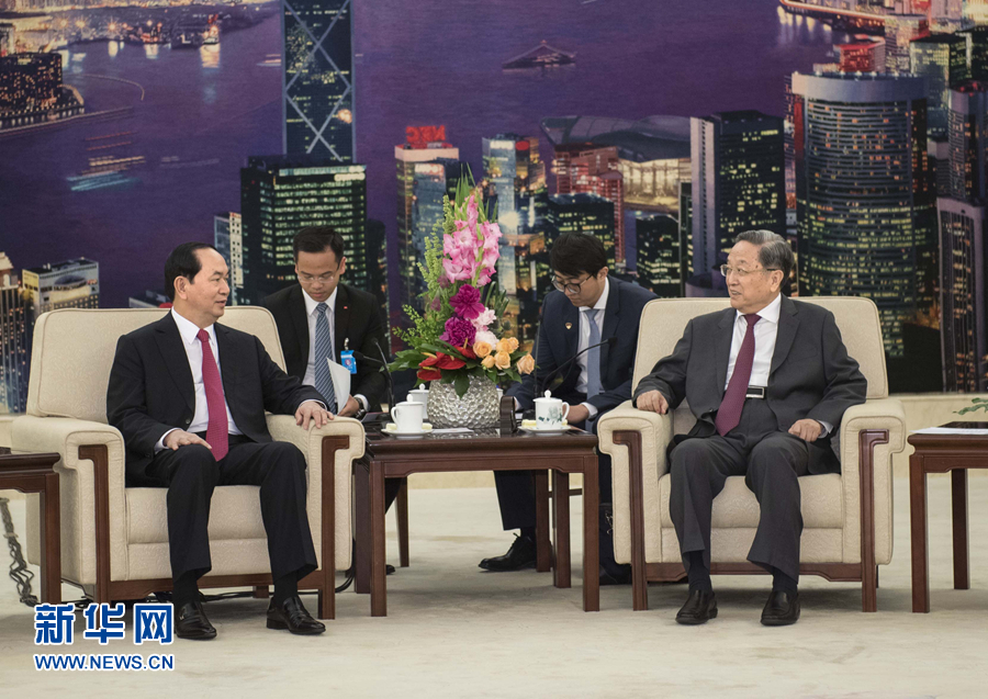5月12日，中共中央政治局常委、全國政協主席俞正聲在北京會見越南國家主席陳大光。 新華社記者 李濤 攝