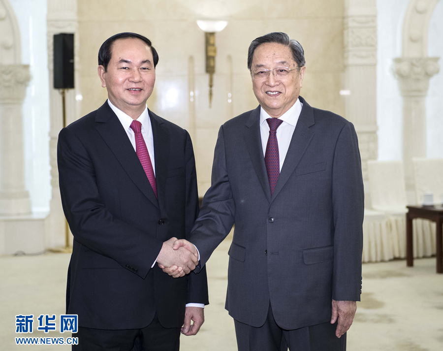 5月12日，中共中央政治局常委、全國政協主席俞正聲在北京會見越南國家主席陳大光。 新華社記者 李濤 攝 