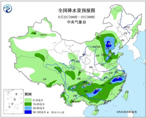 全國降水量預報圖(6月22日08時-23日08時)