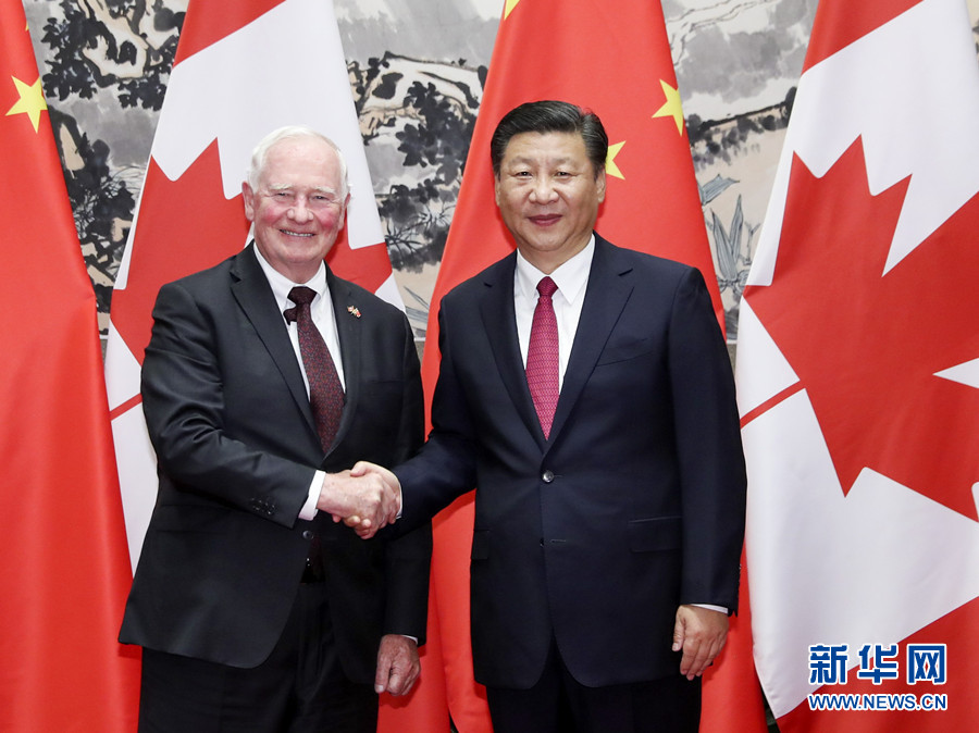 7月13日，國家主席習近平在北京釣魚臺國賓館會見加拿大總督約翰斯頓。 新華社記者 丁林 攝