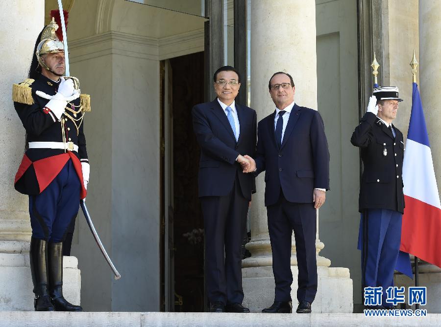 當地時間6月30日下午，國務院總理李克強在巴黎愛麗舍宮會見法國總統奧朗德。 新華社記者李學仁攝
