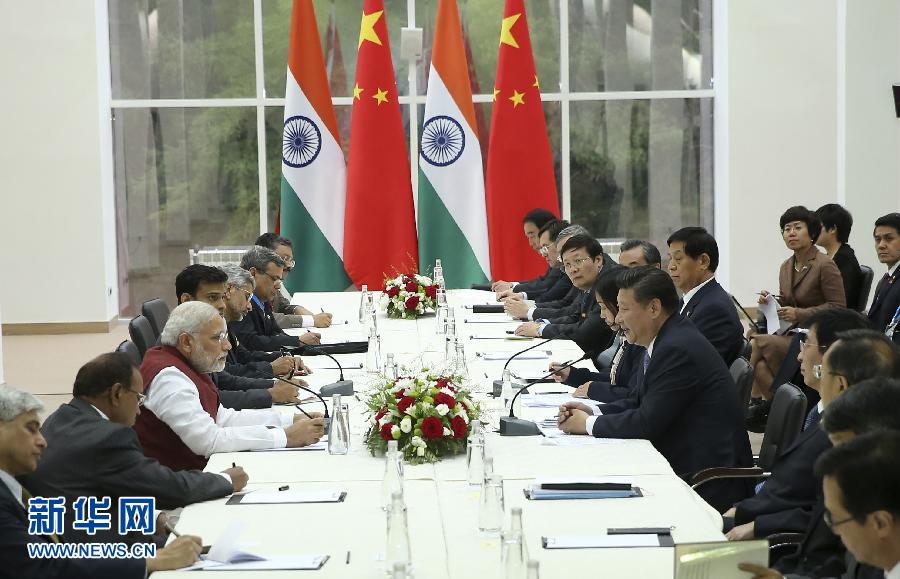 7月8日，國家主席習近平在俄羅斯烏法會見印度總理莫迪。新華社記者龐興雷攝