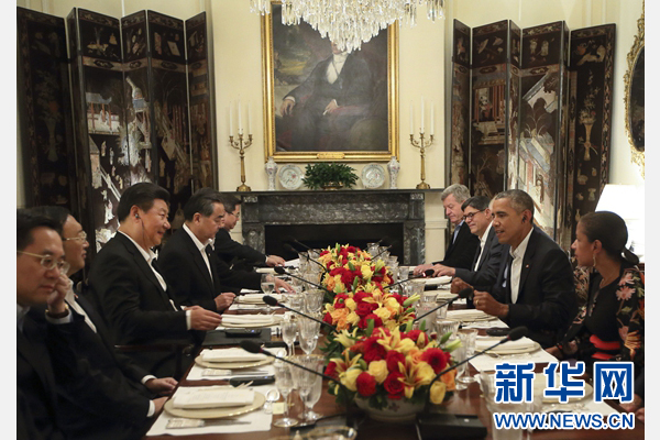 9月24日晚，國家主席習近平在華盛頓布萊爾國賓館同美國總統奧巴馬舉行中美元首會晤。 新華社記者蘭紅光攝