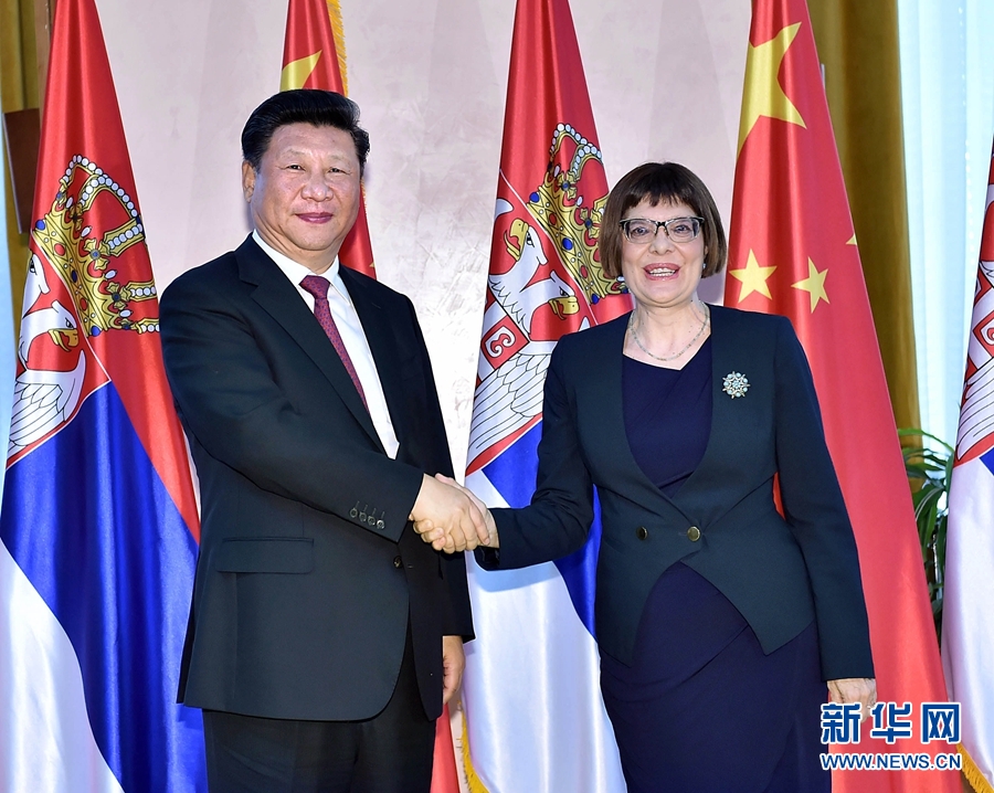 6月18日，國家主席習近平在貝爾格萊德會見塞爾維亞國民議會議長戈伊科維奇。 新華社記者李濤攝