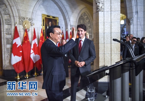 9月22日，國務院總理李克強在渥太華議會大廈同加拿大總理特魯多會談後共同會見記者。 新華社記者李學仁攝