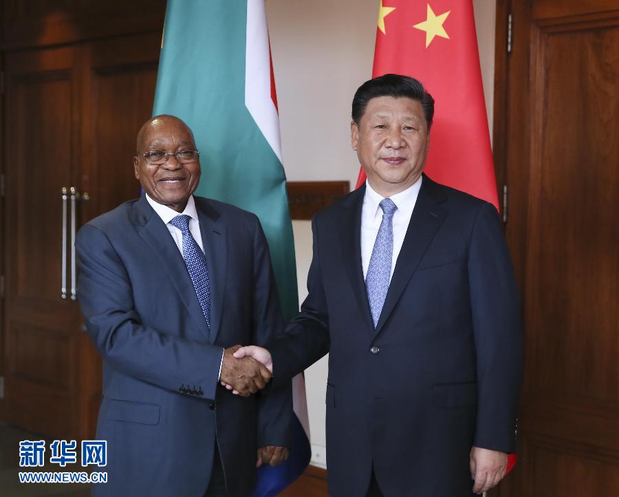 10月15日，國家主席習近平在印度果阿會見南非總統祖馬。新華社記者蘭紅光攝 