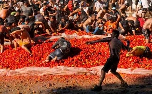 智利上演番茄大戰狂歡民眾紅色海洋裏樂翻天（圖）