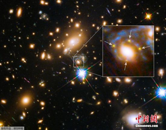 資料圖：2015年3月5日，NASA發布了哈勃太空望遠鏡拍攝的MACS J1149.6+2223星係團照片。