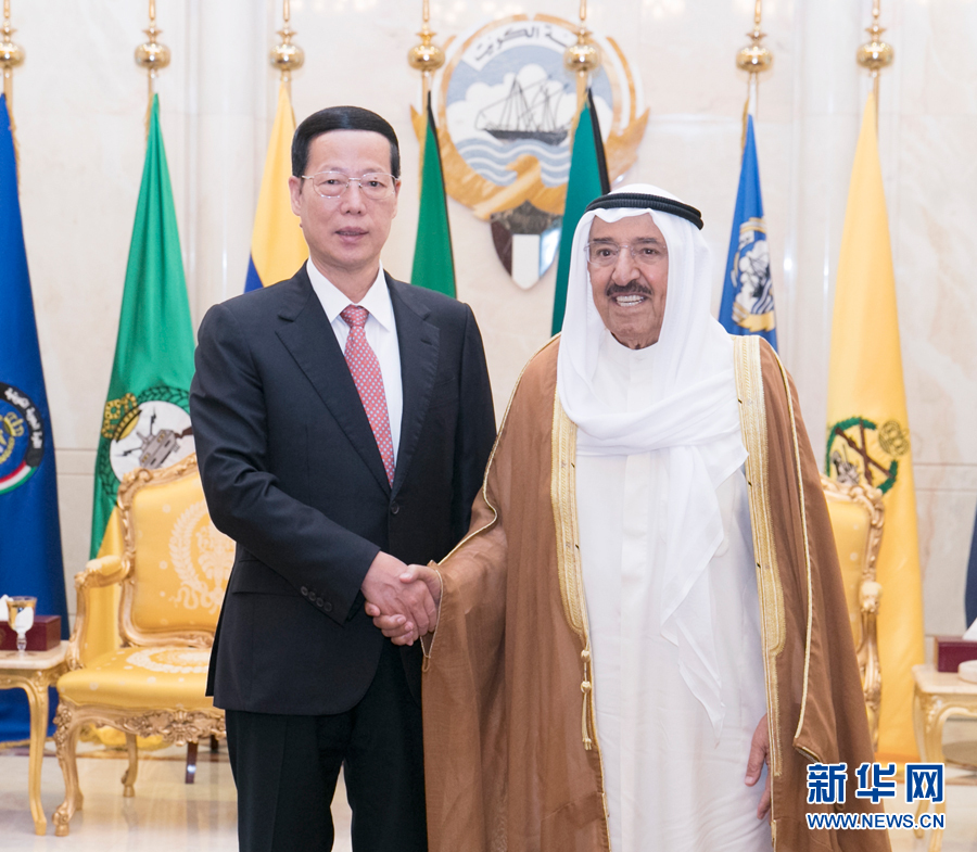 8月22日，應邀訪問科威特的中共中央政治局常委、國務院副總理張高麗在科威特城會見科威特埃米爾薩巴赫。 新華社記者 王曄 攝
