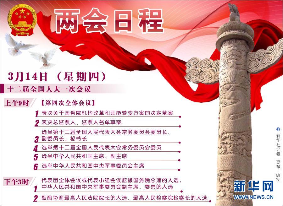 （图表）[两会日程预告]3月14日两会日程 