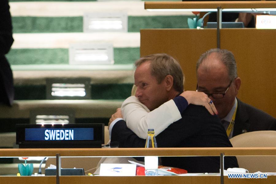 Karel van Oosterom(L, 2nd row), permanent representative of Netherlands to the United Nations and Bert Koenders(R, 2nd row), foreign minister of Netherlands, wait for the result during the election of non-permanent members of UN Security Council at the UN headquarters in New York, June 28, 2016.